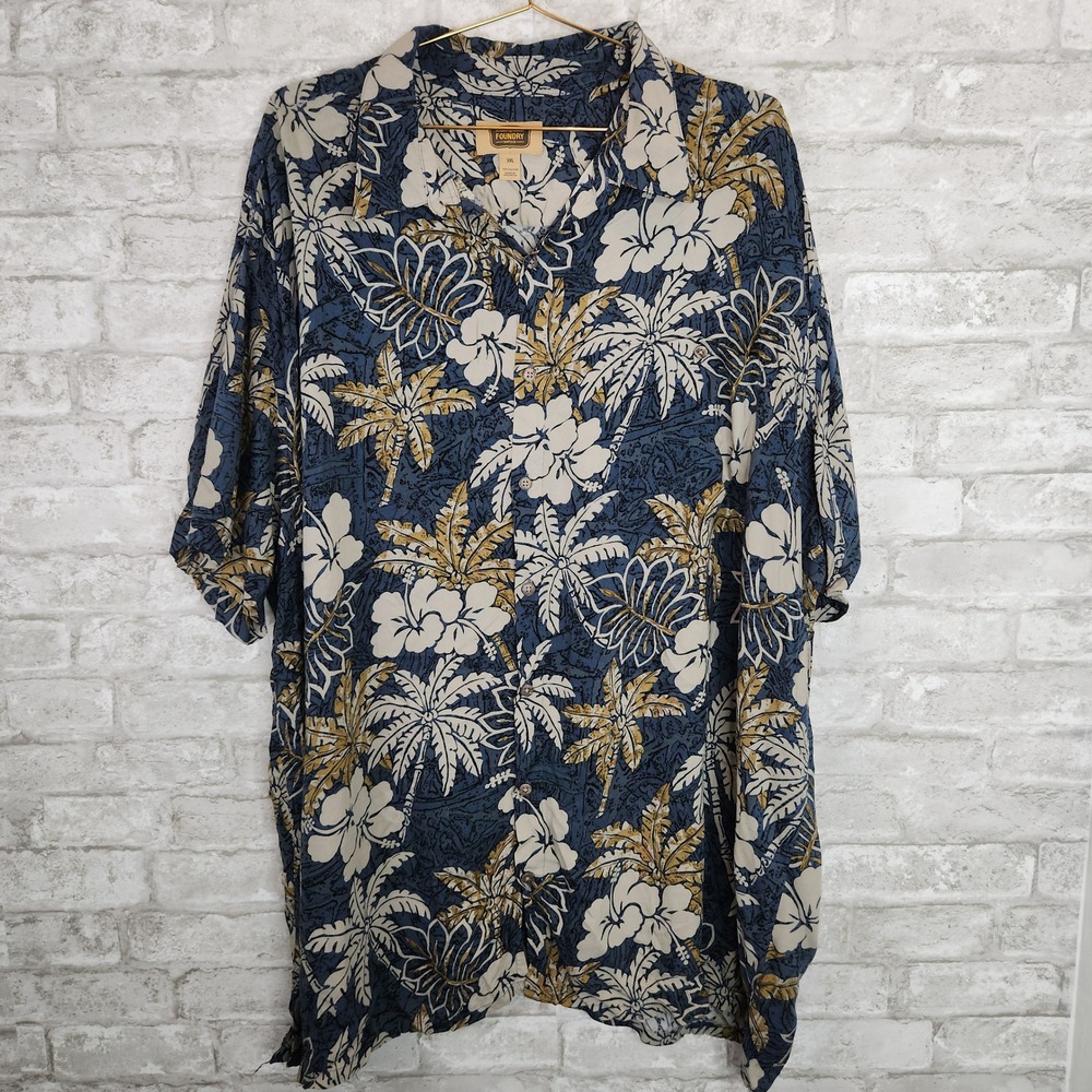 Foundry Hawaiian Shirt Tropical Palm Tree Floral Summer Vacation Blue 3XL